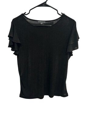 Adrianna Papell Black Ruffle Sleeve Stretch Knit Blouse Size M Preppy Chic